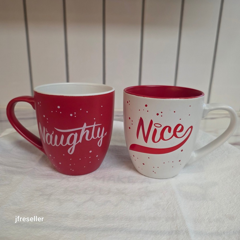 AYC Naturals Naughty and Nice Christmas Coffee Mug Set Red White Ceramic 2pc